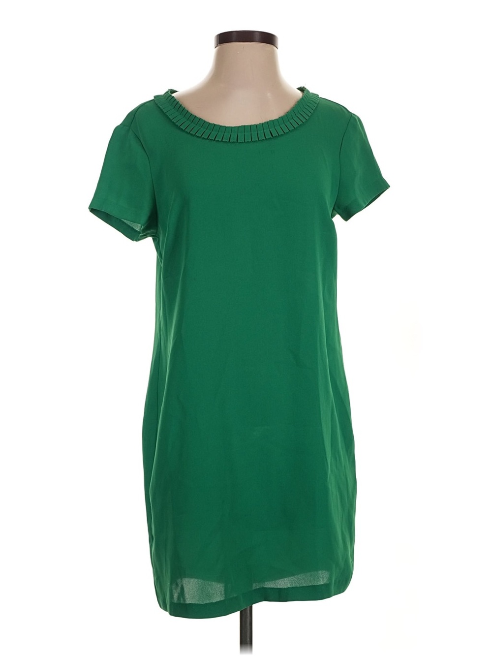 Coercion Emerald Green Short Sleeve Shift Dress with Pleated Neckline